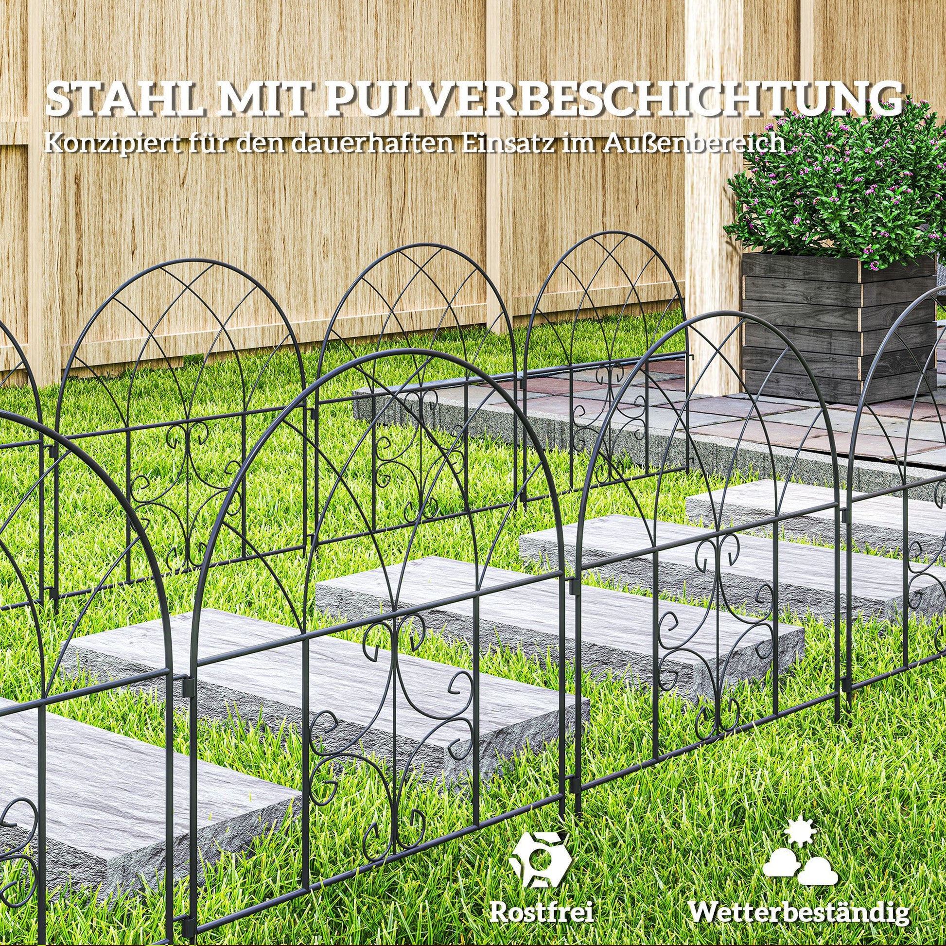 Garden Fence Steel 300 cm x 70 cm High Decorative Grid Fence Set Fence Elements Landscape Fence Arch Fence for Dogs Dog Fence for Garden Flower Beds Animal Barrier Outdoor Area Black