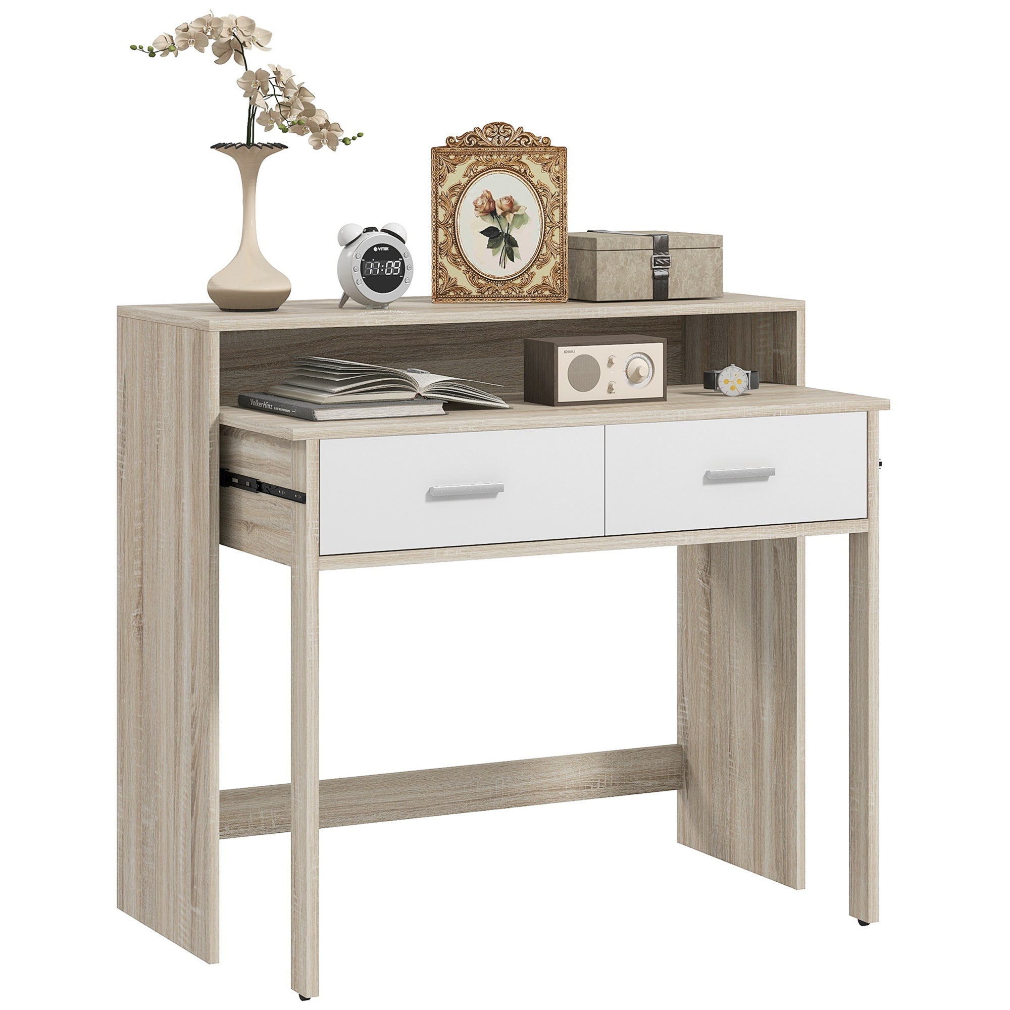Console Desk Extensible with 2 Slide-Out Shelves 2 Drawers and 2 Anti-topple Wheels Double Entry Table 95x35x87 cm Oak