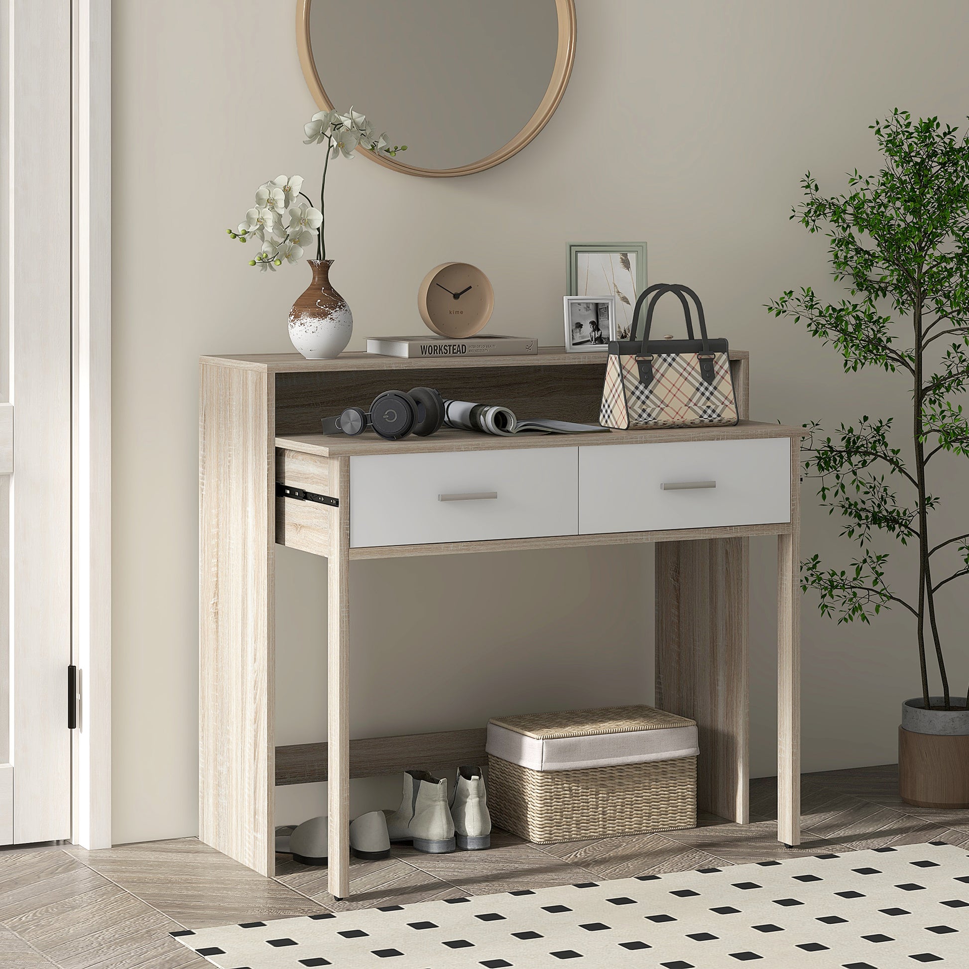 Console Desk Extensible with 2 Slide-Out Shelves 2 Drawers and 2 Anti-topple Wheels Double Entry Table 95x35x87 cm Oak