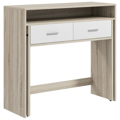 Console Desk Extensible with 2 Slide-Out Shelves 2 Drawers and 2 Anti-topple Wheels Double Entry Table 95x35x87 cm Oak