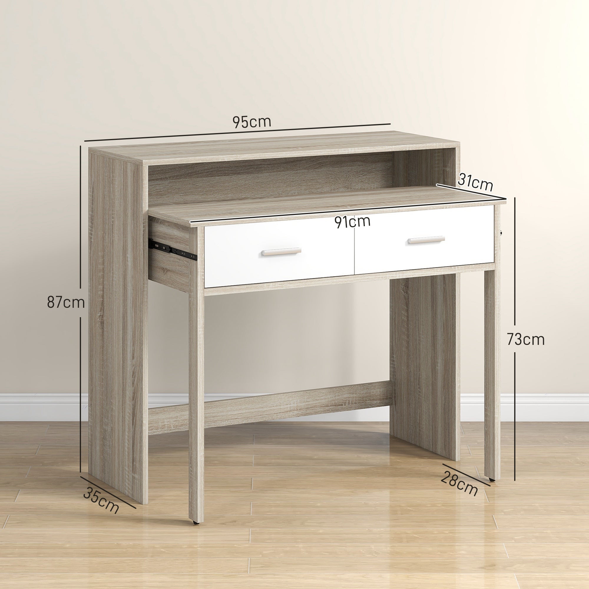 Console Desk Extensible with 2 Slide-Out Shelves 2 Drawers and 2 Anti-topple Wheels Double Entry Table 95x35x87 cm Oak