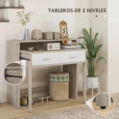 Console Desk Extensible with 2 Slide-Out Shelves 2 Drawers and 2 Anti-topple Wheels Double Entry Table 95x35x87 cm Oak