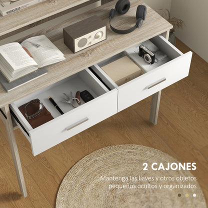 Console Desk Extensible with 2 Slide-Out Shelves 2 Drawers and 2 Anti-topple Wheels Double Entry Table 95x35x87 cm Oak