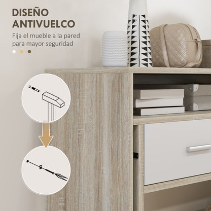 Console Desk Extensible with 2 Slide-Out Shelves 2 Drawers and 2 Anti-topple Wheels Double Entry Table 95x35x87 cm Oak