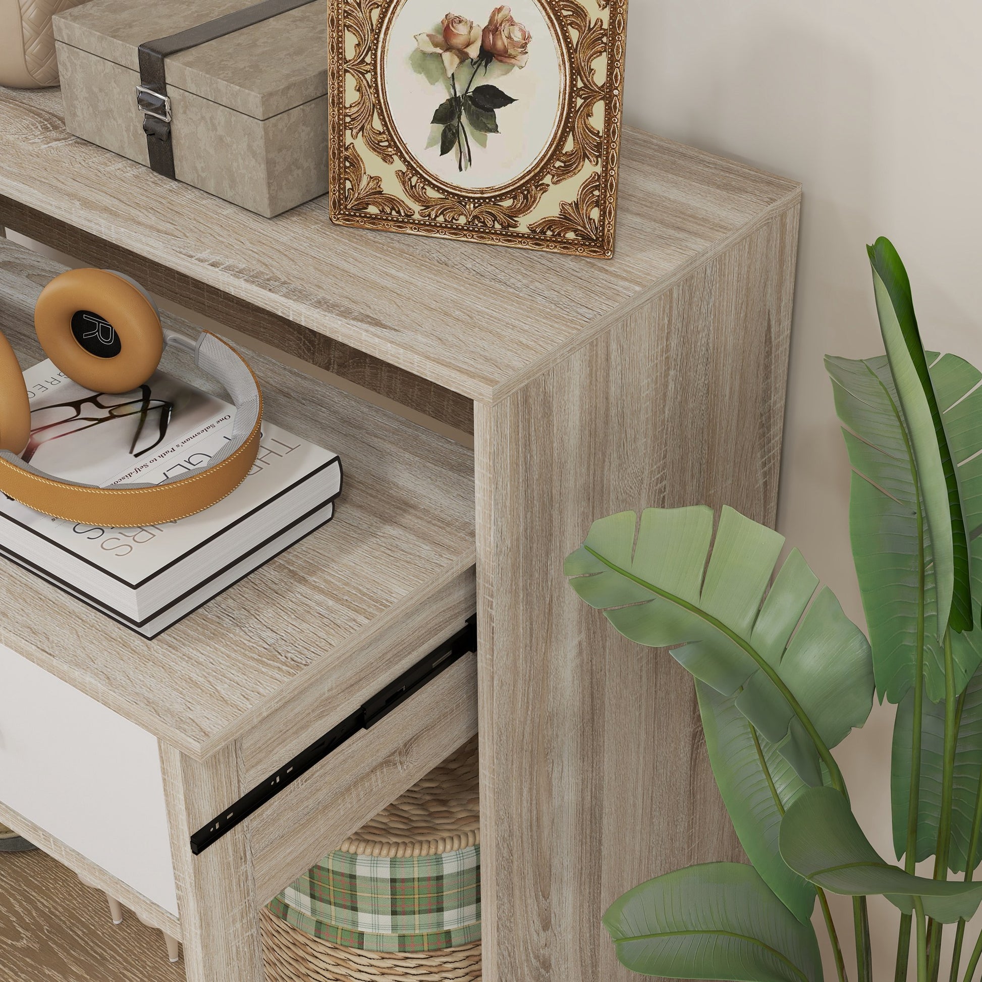 Console Desk Extensible with 2 Slide-Out Shelves 2 Drawers and 2 Anti-topple Wheels Double Entry Table 95x35x87 cm Oak
