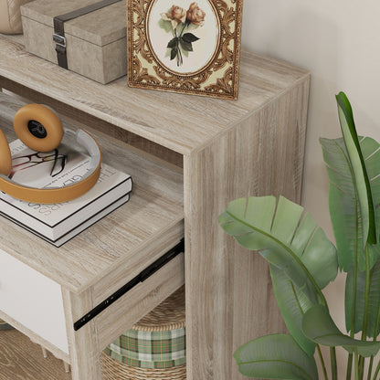 Console Desk Extensible with 2 Slide-Out Shelves 2 Drawers and 2 Anti-topple Wheels Double Entry Table 95x35x87 cm Oak