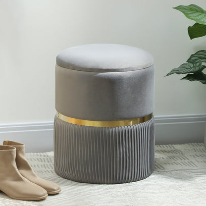 Round Velvet Storage Ottoman with Removable Lid — 14 x 14 x 17 in, Light Gray