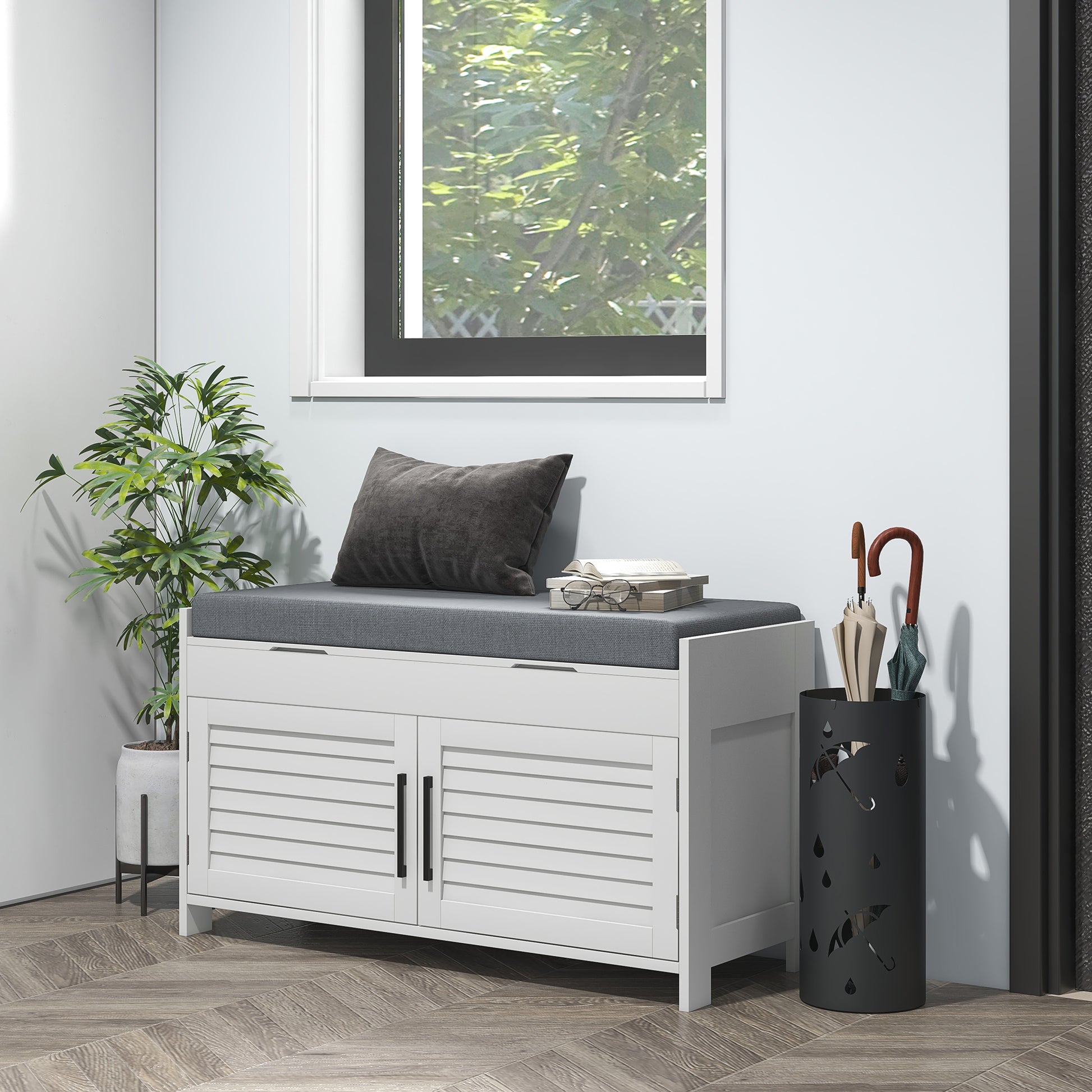 Shoe Bench with Adjustable Internal Shelf at 3 Levels, Slim Shoe Bench in MDF and Linen Fabric Effect, 90x36x50 cm, White and Gray