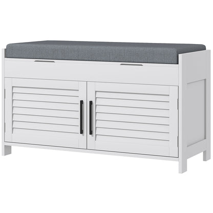 Shoe Bench with Adjustable Internal Shelf at 3 Levels, Slim Shoe Bench in MDF and Linen Fabric Effect, 90x36x50 cm, White and Gray