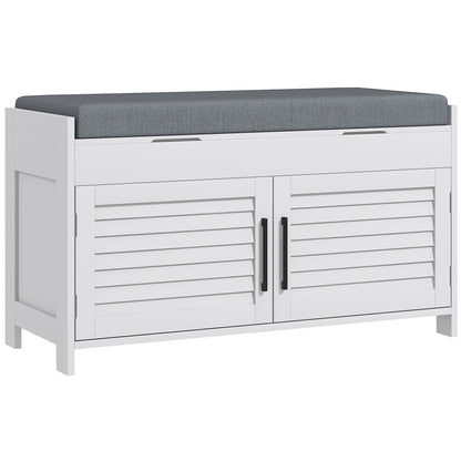 Shoe Bench with Adjustable Internal Shelf at 3 Levels, Slim Shoe Bench in MDF and Linen Fabric Effect, 90x36x50 cm, White and Gray