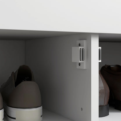 Shoe Bench with Adjustable Internal Shelf at 3 Levels, Slim Shoe Bench in MDF and Linen Fabric Effect, 90x36x50 cm, White and Gray