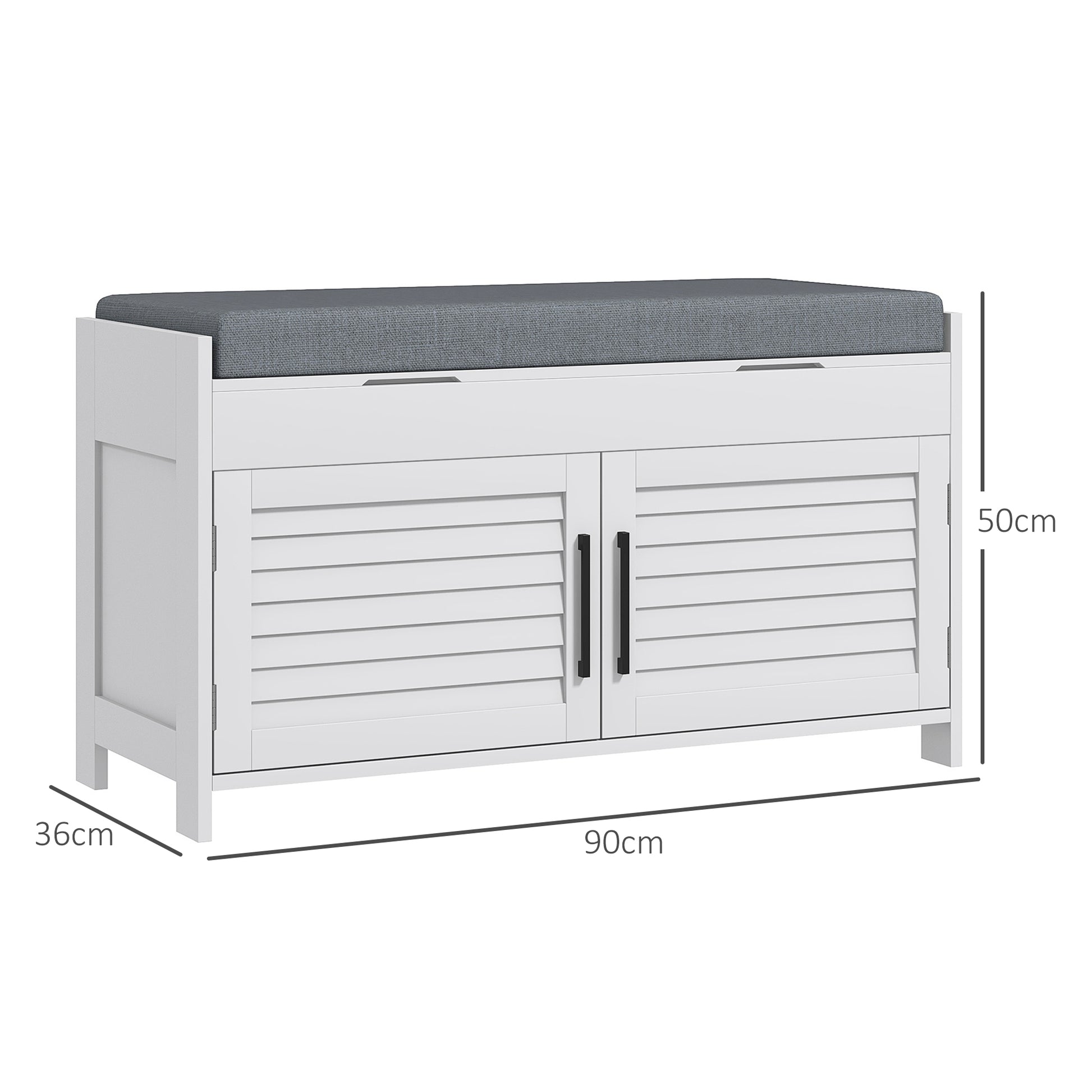 Shoe Bench with Adjustable Internal Shelf at 3 Levels, Slim Shoe Bench in MDF and Linen Fabric Effect, 90x36x50 cm, White and Gray
