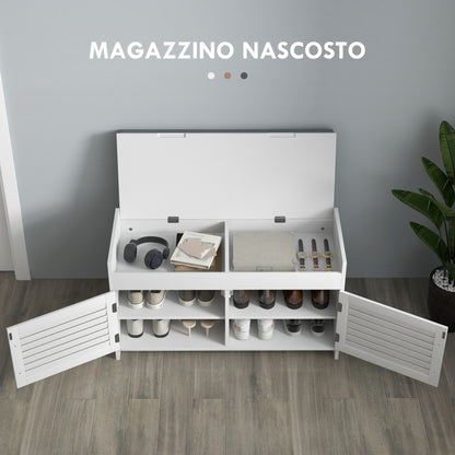 Shoe Bench with Adjustable Internal Shelf at 3 Levels, Slim Shoe Bench in MDF and Linen Fabric Effect, 90x36x50 cm, White and Gray