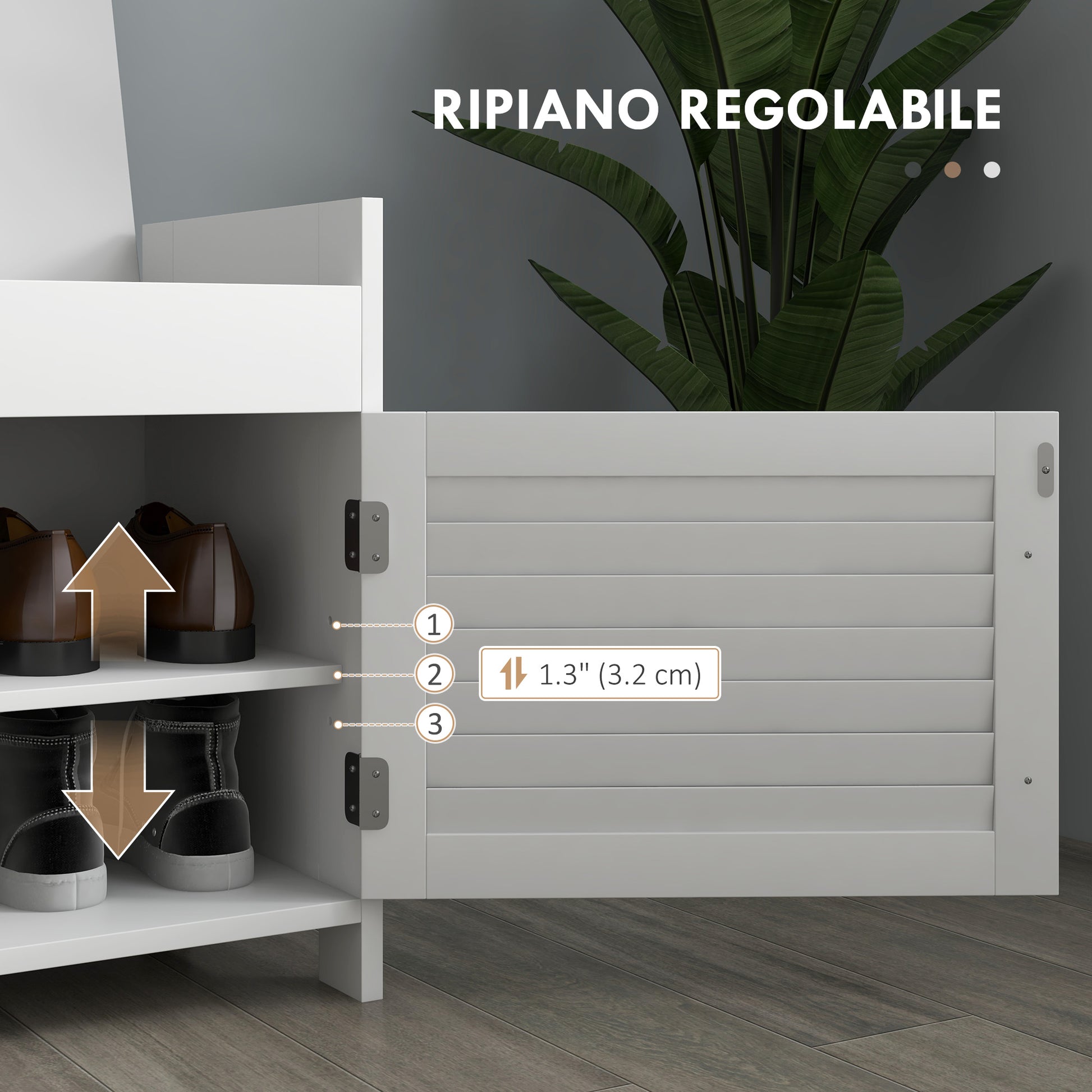 Shoe Bench with Adjustable Internal Shelf at 3 Levels, Slim Shoe Bench in MDF and Linen Fabric Effect, 90x36x50 cm, White and Gray
