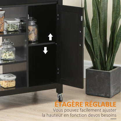 Contemporary Style Rolling Kitchen Cart - Door, Drawer, 3 Shelves - Metal Handles Black Hevea Wood Top Tray