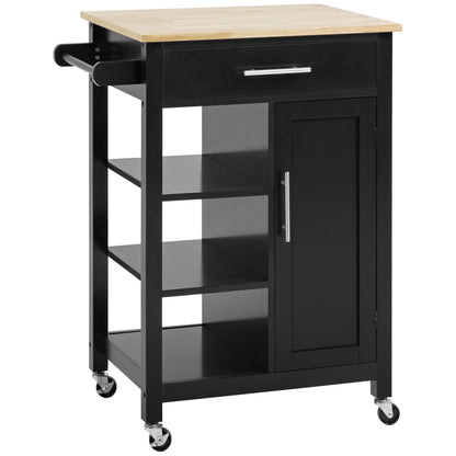 Contemporary Style Rolling Kitchen Cart - Door, Drawer, 3 Shelves - Metal Handles Black Hevea Wood Top Tray
