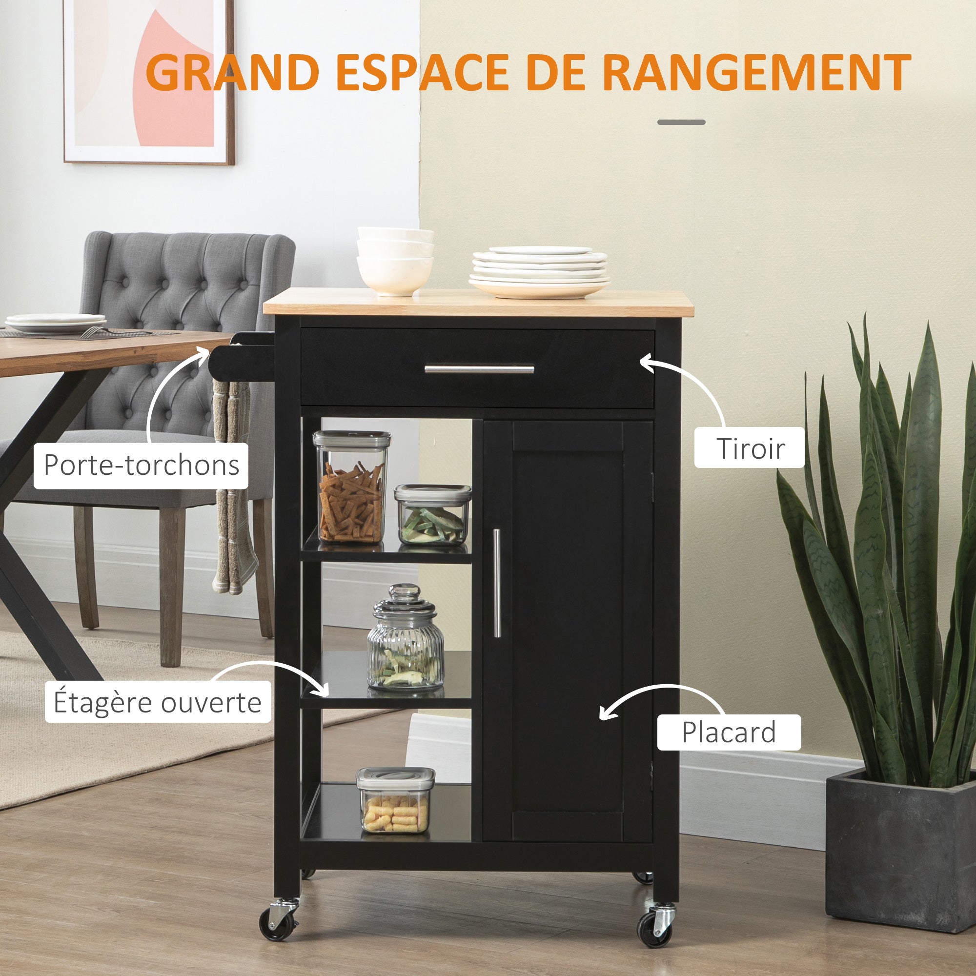 Contemporary Style Rolling Kitchen Cart - Door, Drawer, 3 Shelves - Metal Handles Black Hevea Wood Top Tray