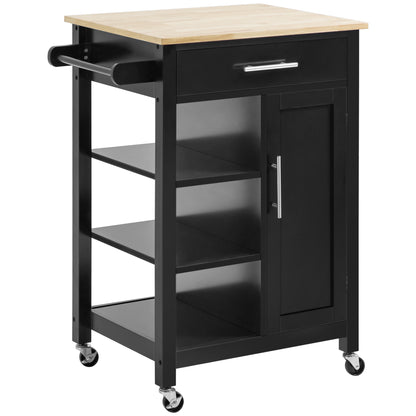 Contemporary Style Rolling Kitchen Cart - Door, Drawer, 3 Shelves - Metal Handles Black Hevea Wood Top Tray