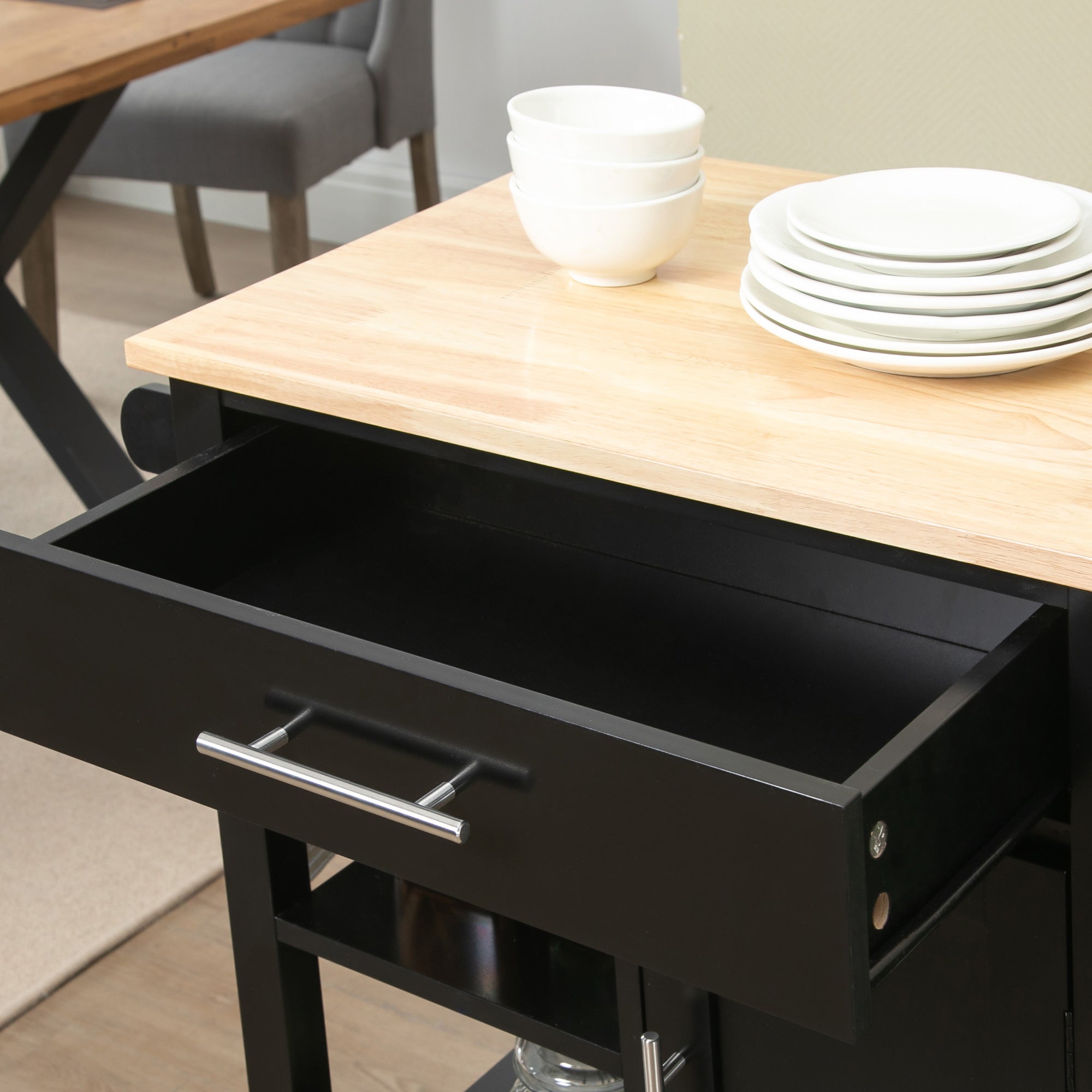Contemporary Style Rolling Kitchen Cart - Door, Drawer, 3 Shelves - Metal Handles Black Hevea Wood Top Tray