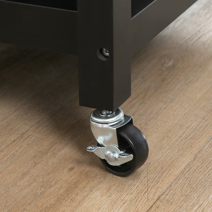 Contemporary Style Rolling Kitchen Cart - Door, Drawer, 3 Shelves - Metal Handles Black Hevea Wood Top Tray