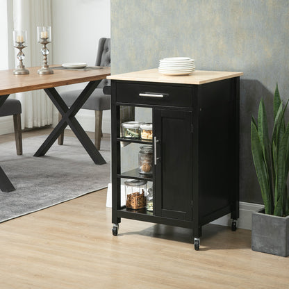 Contemporary Style Rolling Kitchen Cart - Door, Drawer, 3 Shelves - Metal Handles Black Hevea Wood Top Tray