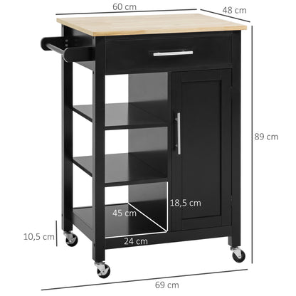 Contemporary Style Rolling Kitchen Cart - Door, Drawer, 3 Shelves - Metal Handles Black Hevea Wood Top Tray