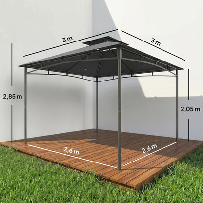 3 x 3 m Waterproof Garden Gazebo — Double Roof, Retractable Top Frame, UPF 50+, Powder-Coated Metal, Dark Gray