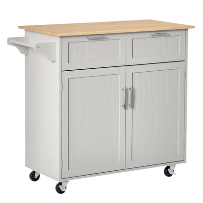 Kitchen Island with Rubber Wood Worktop, Kitchen Trolley with Wheels, 2 Drawers, Cabinet, Adjustable Shelves, and Towel Holder, in MDF, 104x46x91cm, Gray