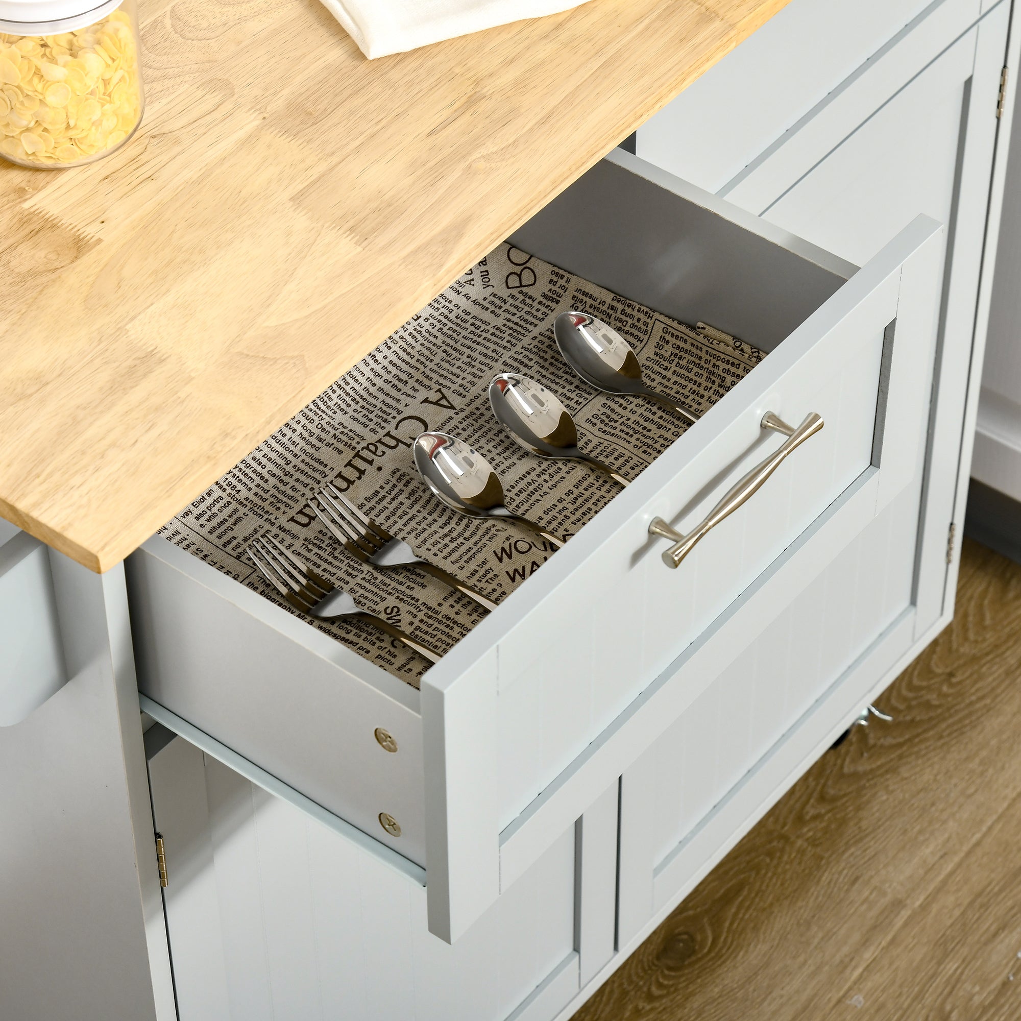 Kitchen Island with Rubber Wood Worktop, Kitchen Trolley with Wheels, 2 Drawers, Cabinet, Adjustable Shelves, and Towel Holder, in MDF, 104x46x91cm, Gray