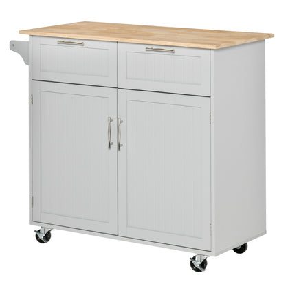 Kitchen Island with Rubber Wood Worktop, Kitchen Trolley with Wheels, 2 Drawers, Cabinet, Adjustable Shelves, and Towel Holder, in MDF, 104x46x91cm, Gray