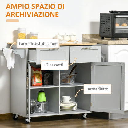 Kitchen Island with Rubber Wood Worktop, Kitchen Trolley with Wheels, 2 Drawers, Cabinet, Adjustable Shelves, and Towel Holder, in MDF, 104x46x91cm, Gray