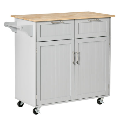 Kitchen Island with Rubber Wood Worktop, Kitchen Trolley with Wheels, 2 Drawers, Cabinet, Adjustable Shelves, and Towel Holder, in MDF, 104x46x91cm, Gray