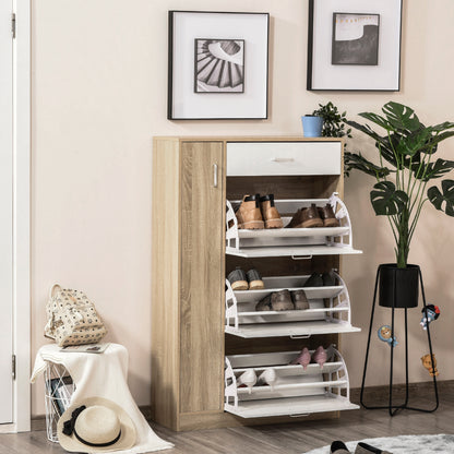 3-Door Shoe Cabinet for 18-27 Pairs of Shoes Modern Shoe Rack with Drawer and Door for Living Room Entryway Bedroom 84x30x132 cm Natural Wood