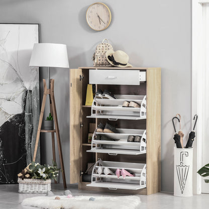 3-Door Shoe Cabinet for 18-27 Pairs of Shoes Modern Shoe Rack with Drawer and Door for Living Room Entryway Bedroom 84x30x132 cm Natural Wood