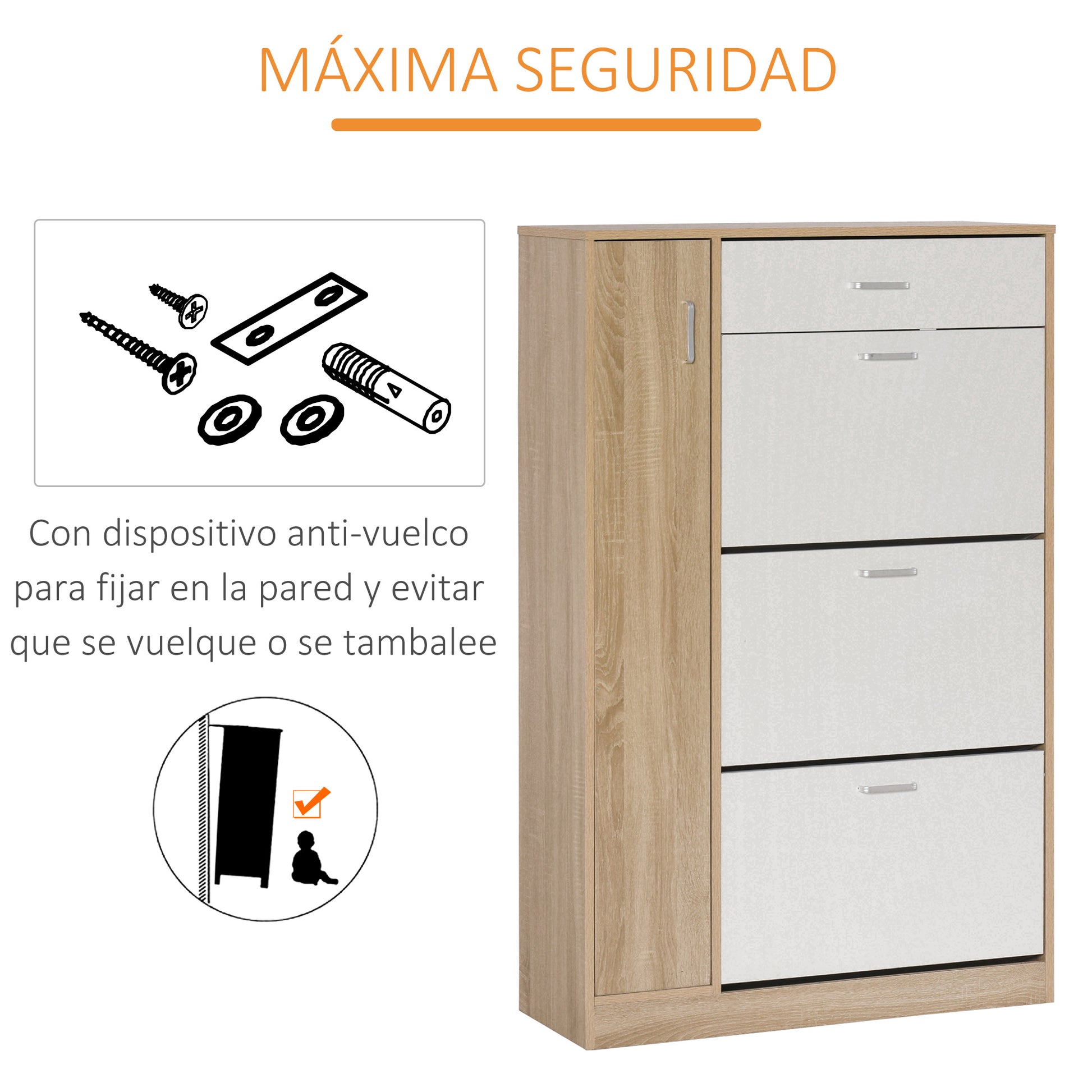 3-Door Shoe Cabinet for 18-27 Pairs of Shoes Modern Shoe Rack with Drawer and Door for Living Room Entryway Bedroom 84x30x132 cm Natural Wood