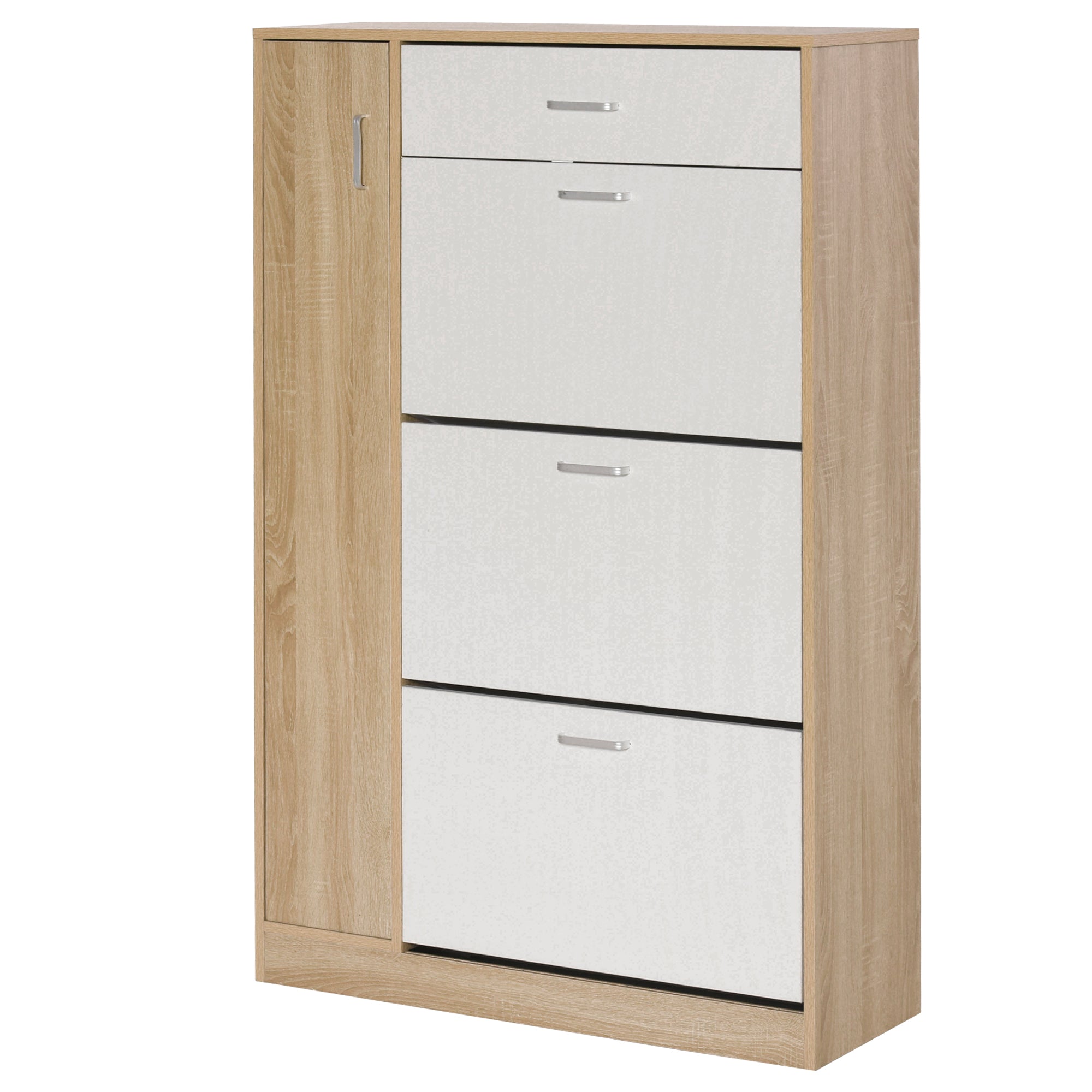 3-Door Shoe Cabinet for 18-27 Pairs of Shoes Modern Shoe Rack with Drawer and Door for Living Room Entryway Bedroom 84x30x132 cm Natural Wood