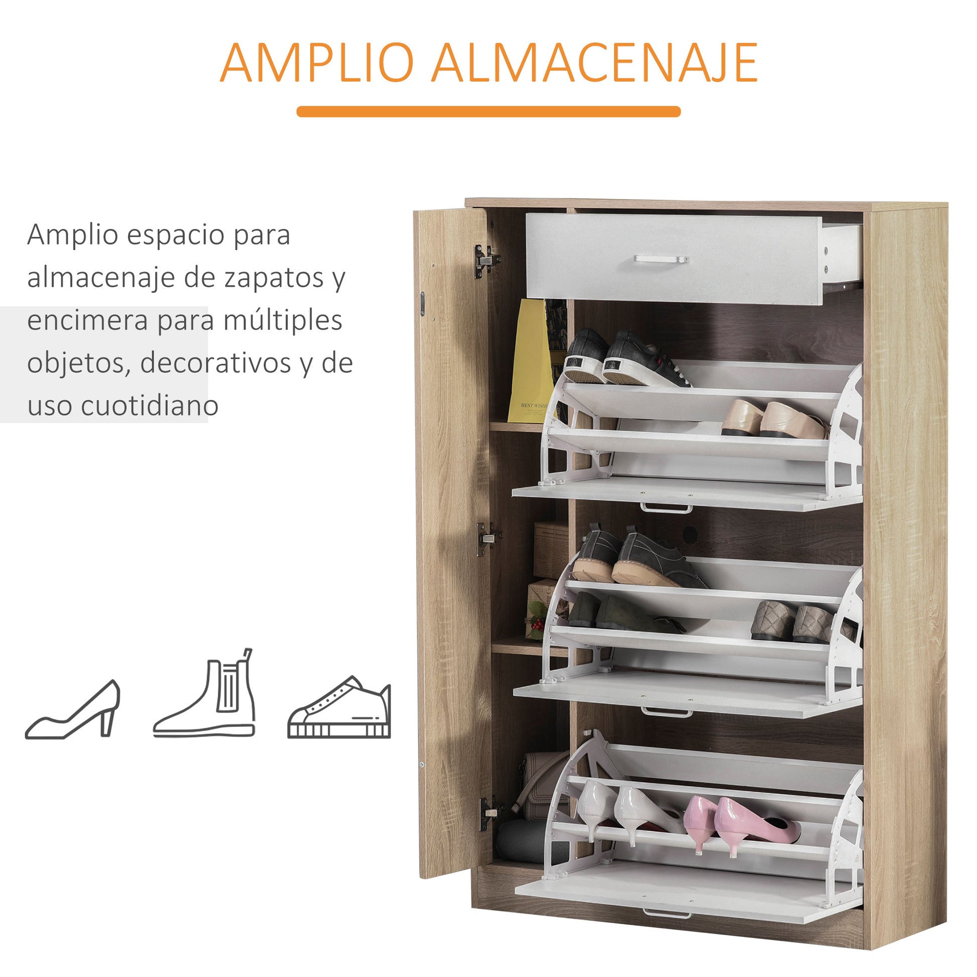 3-Door Shoe Cabinet for 18-27 Pairs of Shoes Modern Shoe Rack with Drawer and Door for Living Room Entryway Bedroom 84x30x132 cm Natural Wood