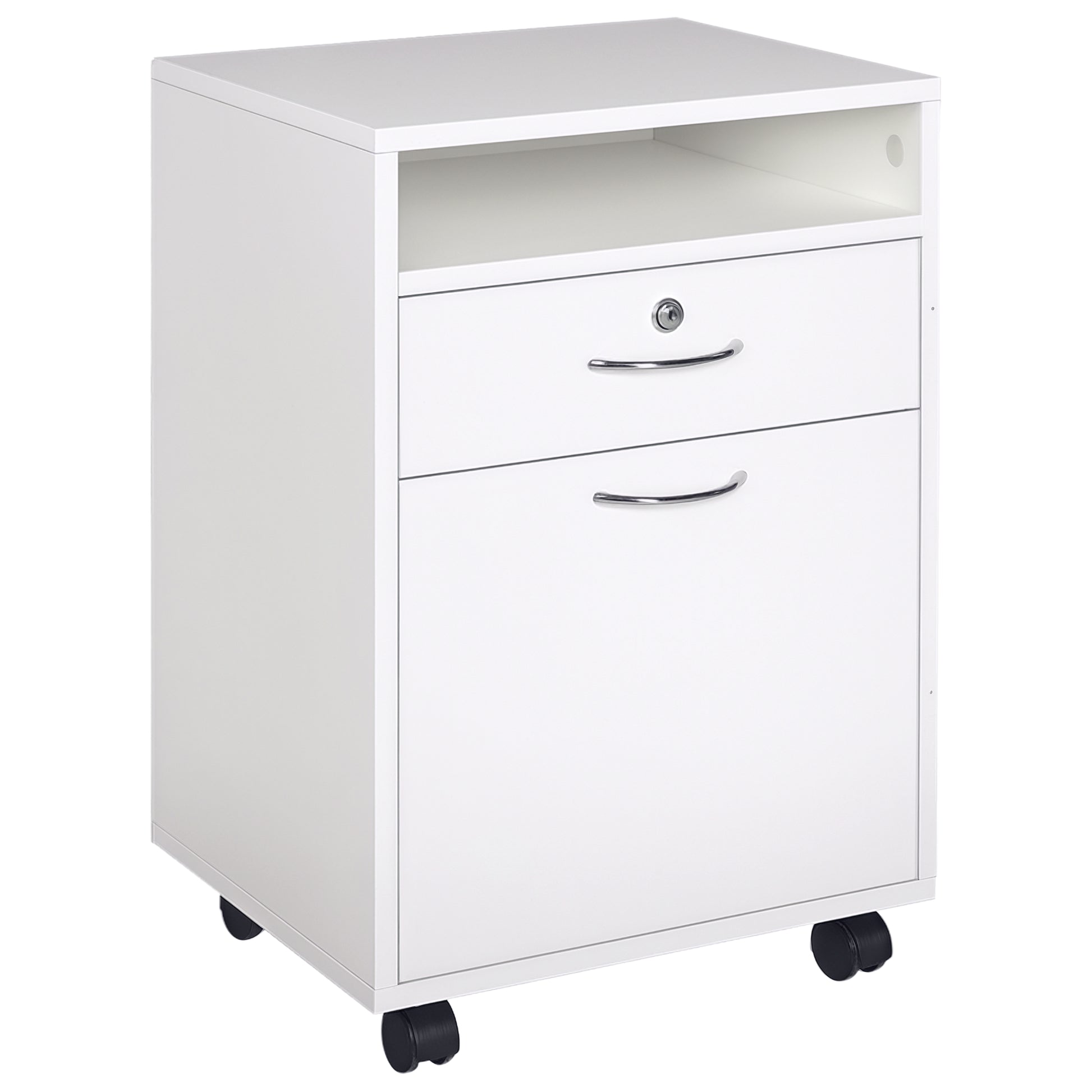 Office File Cart with 2 Keys, Drawer, Cabinet, and 4 Wheels in White Wood, 40x35x60cm