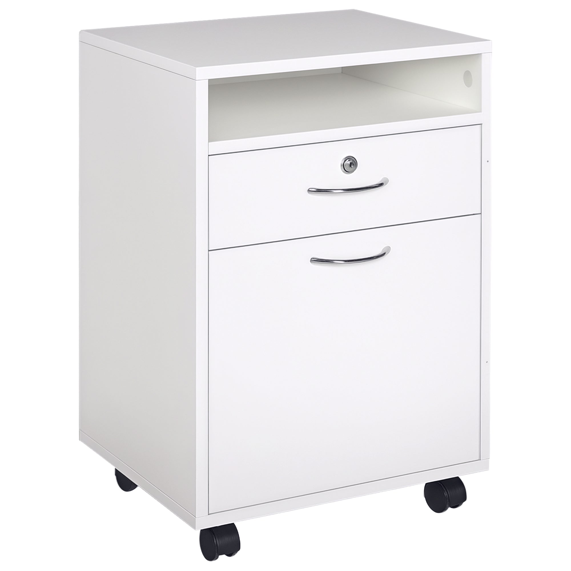 Office File Cart with 2 Keys, Drawer, Cabinet, and 4 Wheels in White Wood, 40x35x60cm