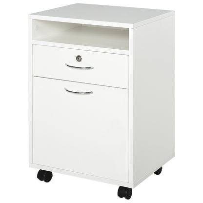 Office File Cart with 2 Keys, Drawer, Cabinet, and 4 Wheels in White Wood, 40x35x60cm