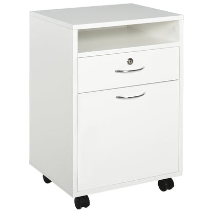 Office File Cart with 2 Keys, Drawer, Cabinet, and 4 Wheels in White Wood, 40x35x60cm