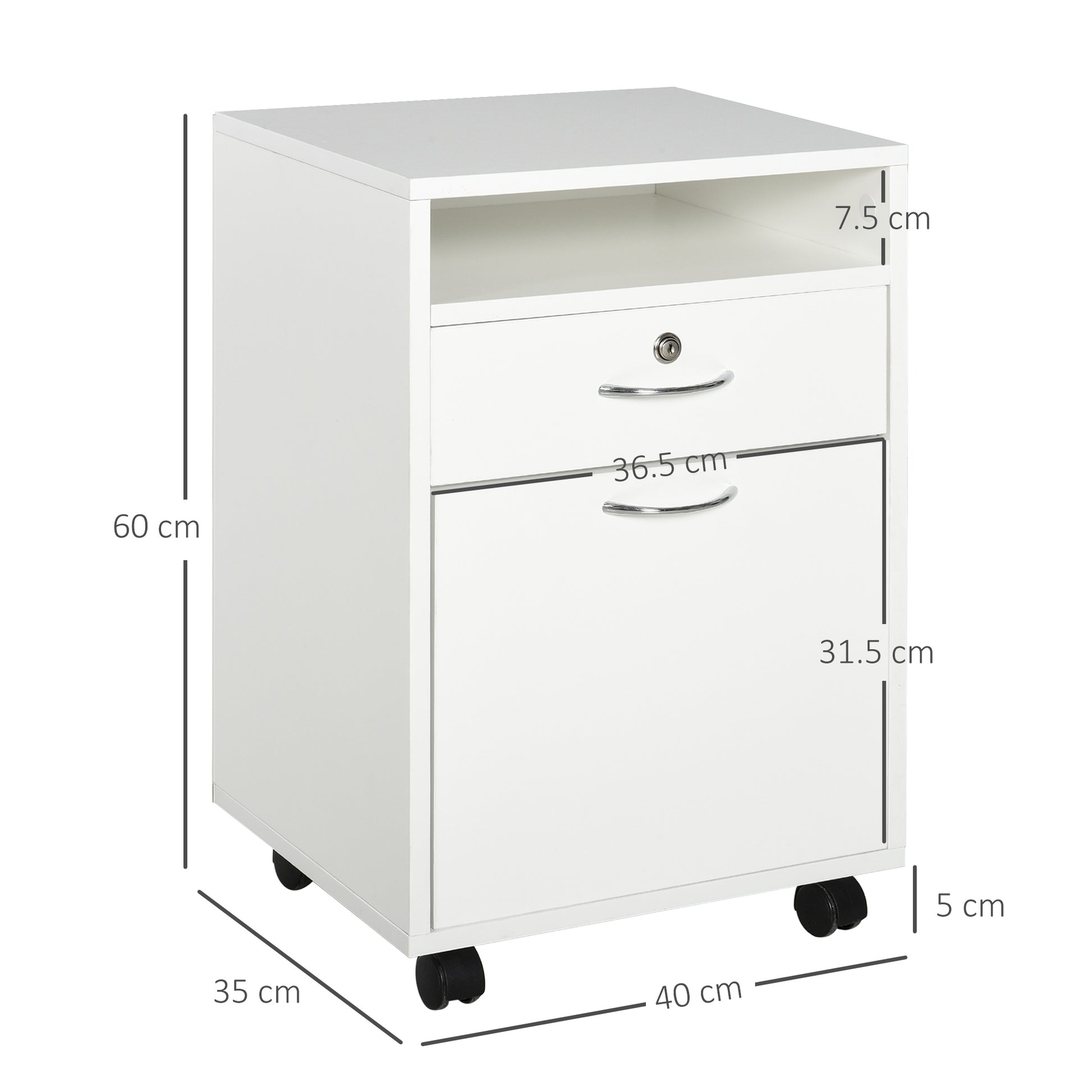 Office File Cart with 2 Keys, Drawer, Cabinet, and 4 Wheels in White Wood, 40x35x60cm