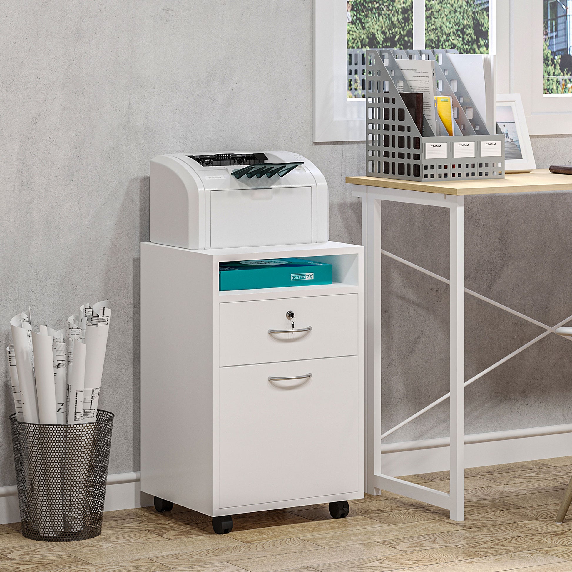 Office File Cart with 2 Keys, Drawer, Cabinet, and 4 Wheels in White Wood, 40x35x60cm