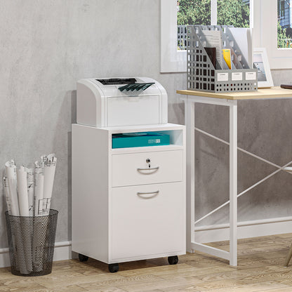 Office File Cart with 2 Keys, Drawer, Cabinet, and 4 Wheels in White Wood, 40x35x60cm
