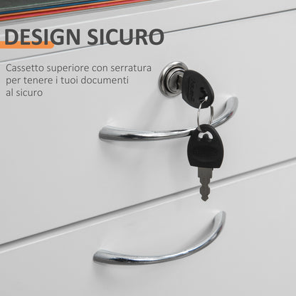 Office File Cart with 2 Keys, Drawer, Cabinet, and 4 Wheels in White Wood, 40x35x60cm