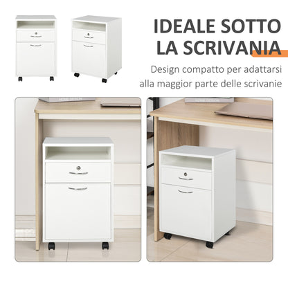 Office File Cart with 2 Keys, Drawer, Cabinet, and 4 Wheels in White Wood, 40x35x60cm