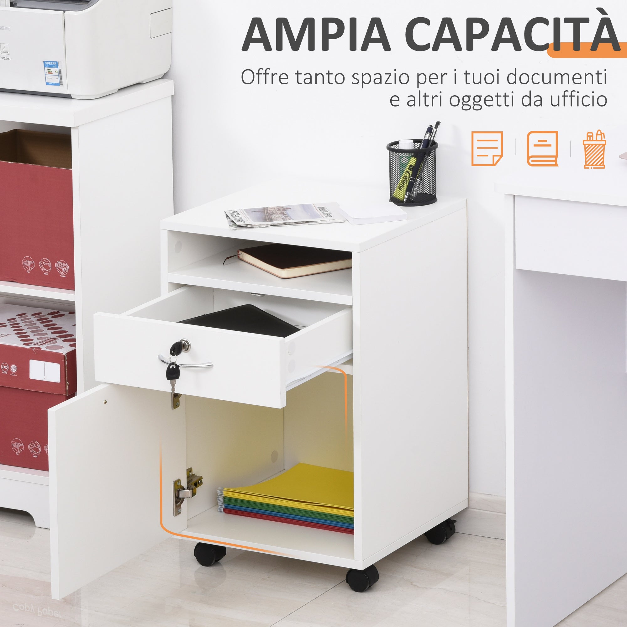 Office File Cart with 2 Keys, Drawer, Cabinet, and 4 Wheels in White Wood, 40x35x60cm
