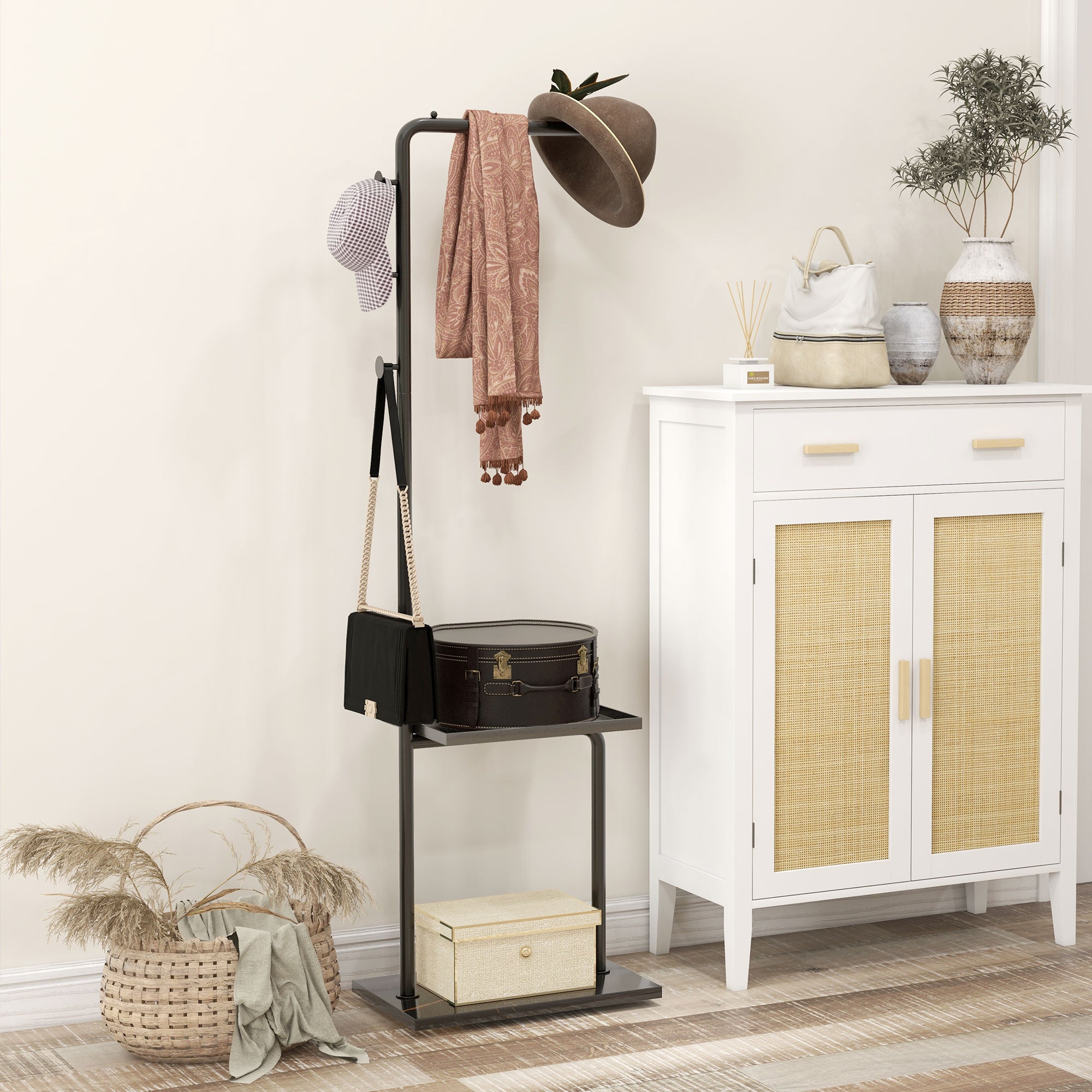 Coat Rack with Shelves and Hooks, Coat Stand, Modern Wardrobe for Clothes, Hats, Bags, for Hallway, Living Room, Black
