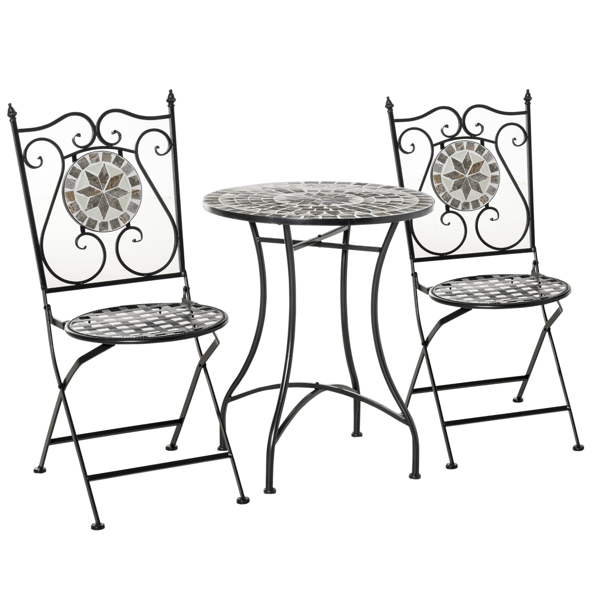 Garden Seating Group 3-Piece Mosaic Table Dining Set Garden Furniture Set Balcony Furniture Set 1 Table+2 Folding Chairs Garden Metal Ceramic Tile Multicolor