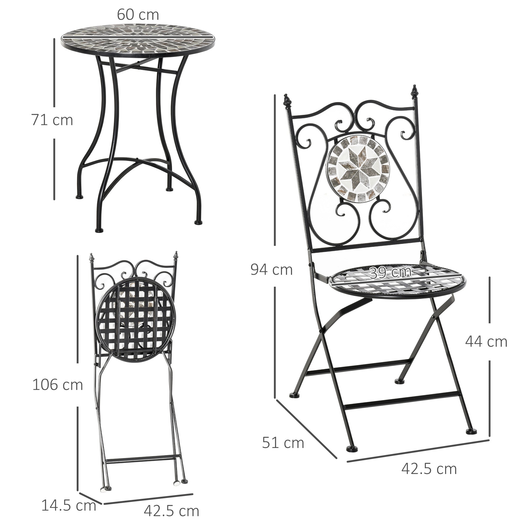 Garden Seating Group 3-Piece Mosaic Table Dining Set Garden Furniture Set Balcony Furniture Set 1 Table+2 Folding Chairs Garden Metal Ceramic Tile Multicolor